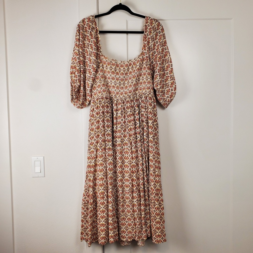 Torrid Midi Dress Womens 3 Cream Floral Smocked Puff Sleeve Pockets Boho